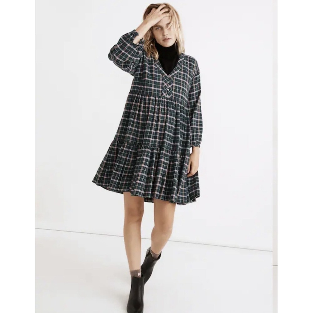 Madewell Flannel Colette Plaid Mini Dress Size 2 Midnight Green Tiered NWT